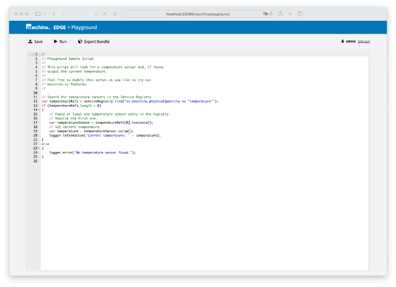 The macchina.io EDGE Playground, a JavaScript editor